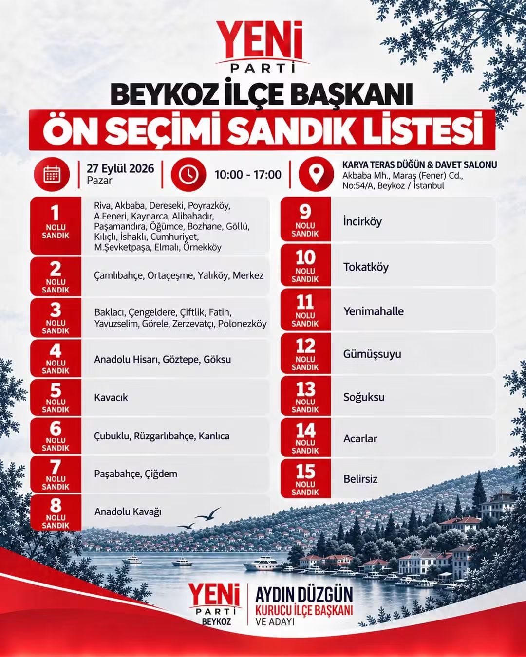 YENİ Parti Beykoz ön seçim sandık listesi